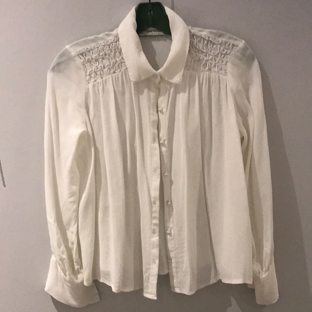 Zara White Smocked Button Down Shirt with Peter Pan Collar